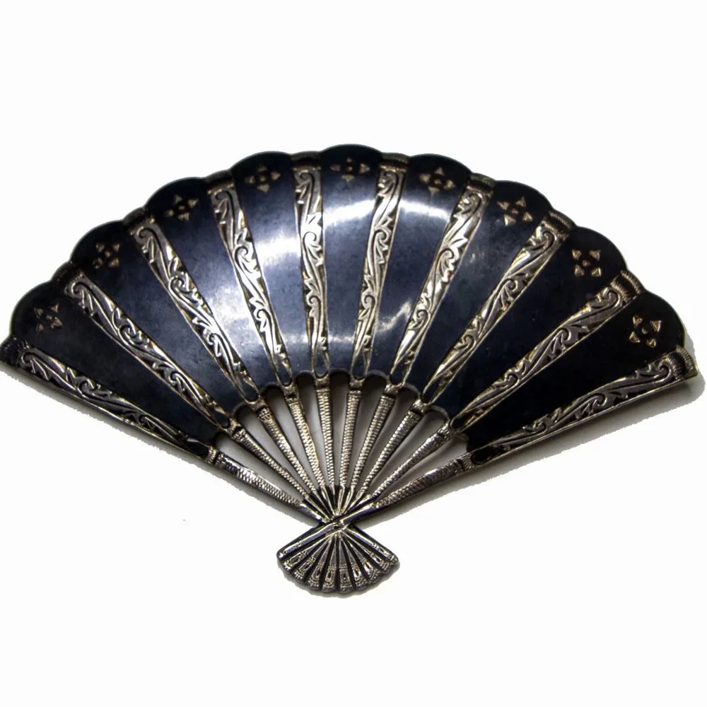 Vintage Sterling Silver with Black Fan Brooch